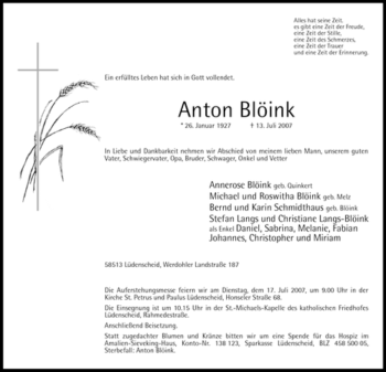 Traueranzeige von Anton Blöink von Tageszeitung