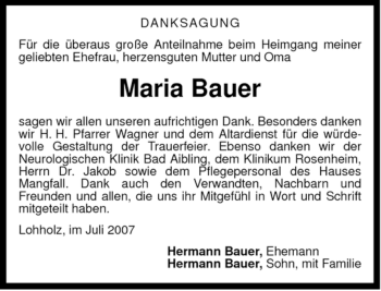 Traueranzeige von Maria Bauer von Tageszeitung