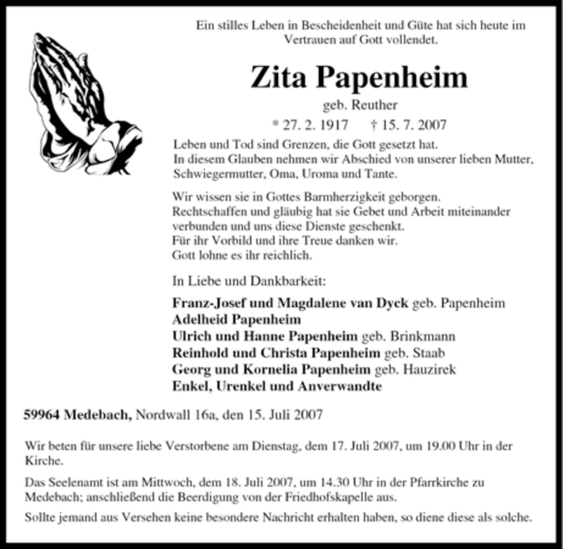  Traueranzeige für Zita Papenheim vom 17.07.2007 aus Tageszeitung