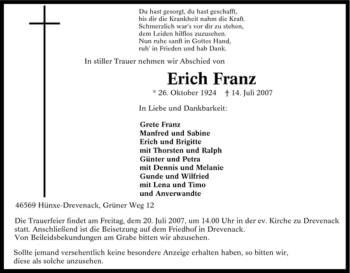 Traueranzeige von Erich Franz von Tageszeitung