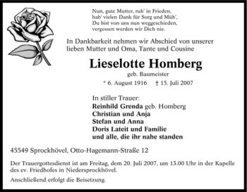 Traueranzeige von Lieselotte Homberg von Tageszeitung