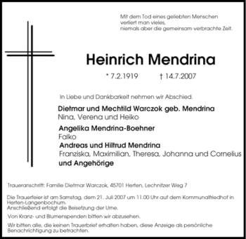 Traueranzeige von Heinrich Mendrina von Tageszeitung