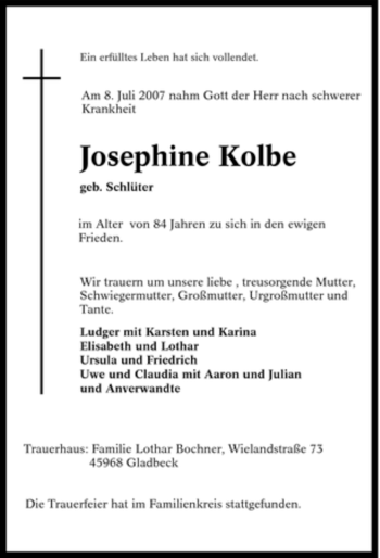 Traueranzeige von Josephine Kolbe von Tageszeitung