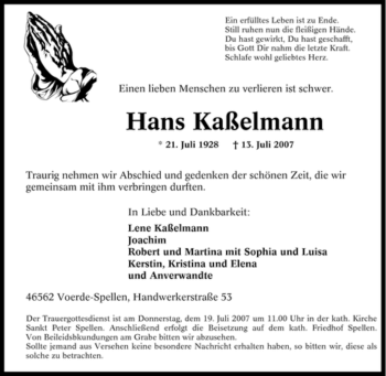 Traueranzeige von Hans Kaßelmann von Tageszeitung