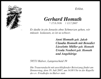 Traueranzeige von Gerhard Homuth von Tageszeitung