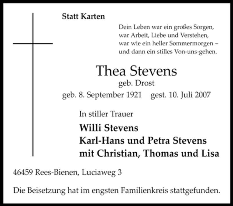  Traueranzeige für Thea Stevens vom 17.07.2007 aus Tageszeitung