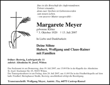 Traueranzeige von Margarete Meyer von Tageszeitung