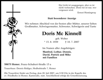 Traueranzeige von Doris Mc Kinnell von Tageszeitung