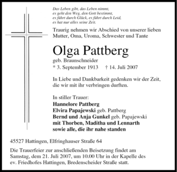 Traueranzeige von Olga Pattberg von Tageszeitung