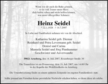 Traueranzeige von Heinz Seidel von Tageszeitung