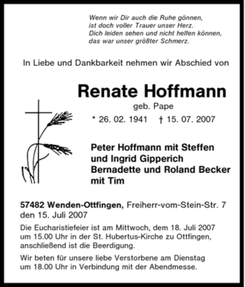 Traueranzeige von Renate Hoffmann von Tageszeitung