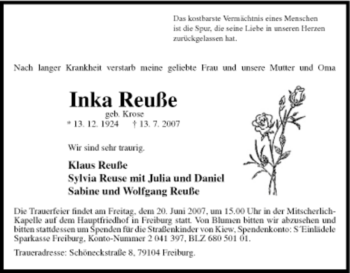 Traueranzeige von Inka Reuße von Tageszeitung