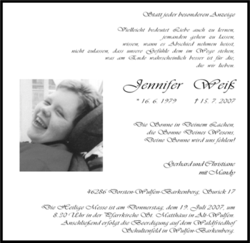 Traueranzeige von Jennifer Weiß von Tageszeitung