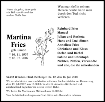 Traueranzeige von Martina Fries von Tageszeitung