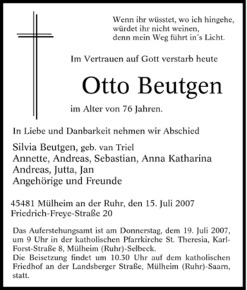 Traueranzeige von Otto Beutgen von Tageszeitung