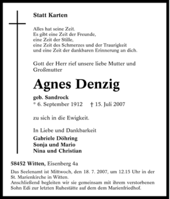 Traueranzeige von Agnes Denzig von Tageszeitung