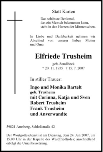 Traueranzeige von Elfriede Trusheim von Tageszeitung