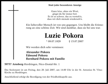 Traueranzeige von Luzie Pokora von Tageszeitung