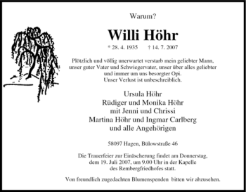 Traueranzeige von Willi Höhr von Tageszeitung