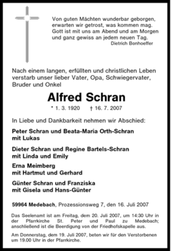 Traueranzeige von Alfred Schran von Tageszeitung