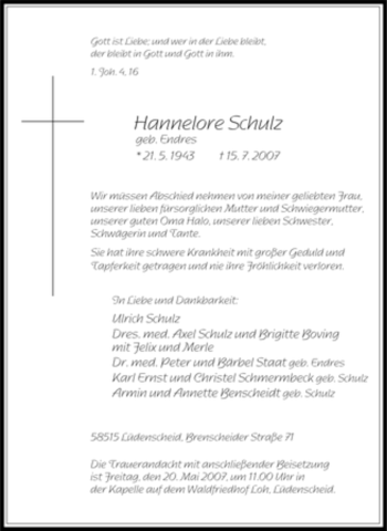 Traueranzeige von Hannelore Schulz von Tageszeitung