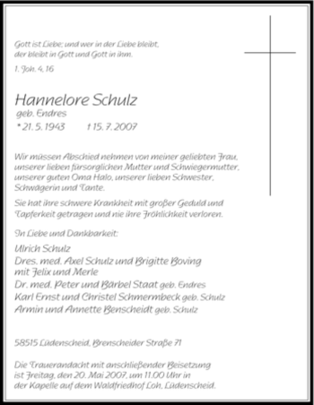Traueranzeige von Hannelore Schulz von Tageszeitung