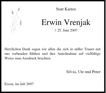 Traueranzeige von Erwin Vrenjak von Tageszeitung