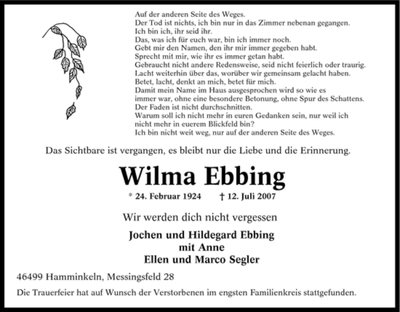  Traueranzeige für Wilma Ebbing vom 18.07.2007 aus Tageszeitung