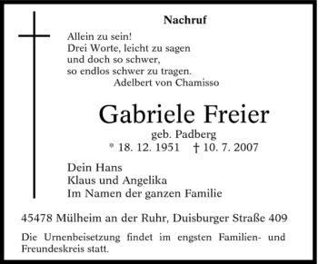 Traueranzeige von Gabriele Freier von Tageszeitung