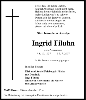 Traueranzeige von Ingrid Filuhn von Tageszeitung