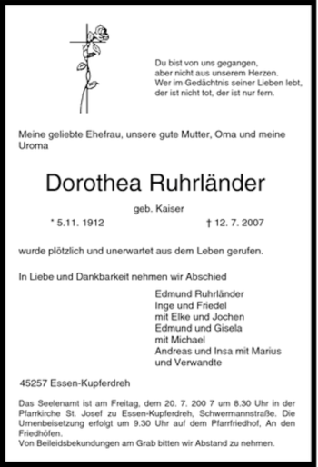 Traueranzeige von Dorothea Ruhrländer von Tageszeitung