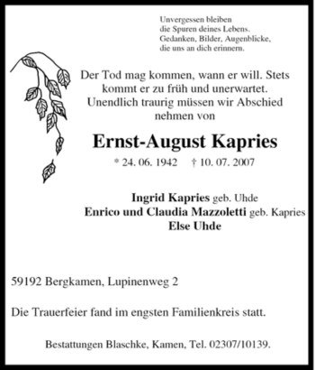 Traueranzeige von Ernst-August Kapries von Tageszeitung