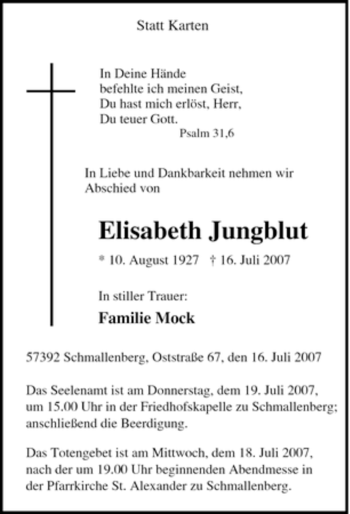 Traueranzeige von Elisabeth Jungblut von Tageszeitung