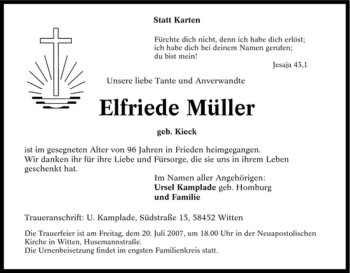 Traueranzeige von Elfriede Müller von Tageszeitung