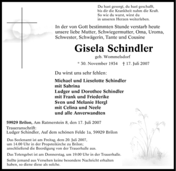 Traueranzeige von Gisela Schindler von Tageszeitung