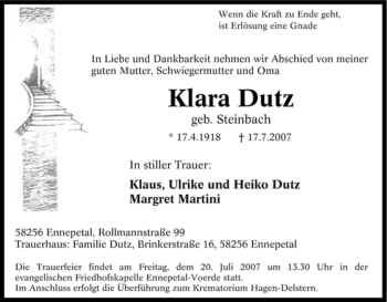 Traueranzeige von Klara Dutz von Tageszeitung