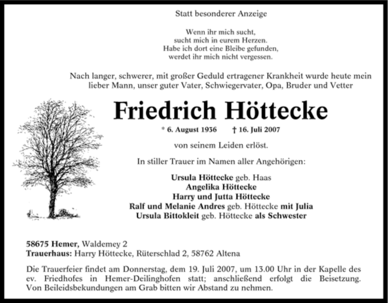  Traueranzeige für Friedrich Höttecke vom 18.07.2007 aus Tageszeitung