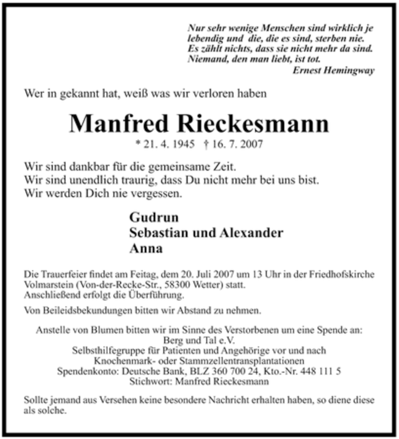  Traueranzeige für Manfred Rieckesmann vom 18.07.2007 aus Tageszeitung