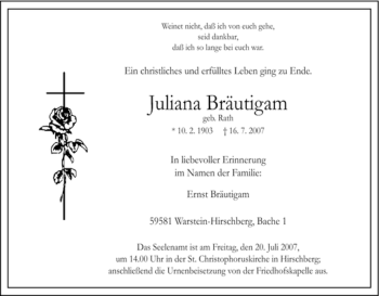 Traueranzeige von Juliana Bräutigam von Tageszeitung