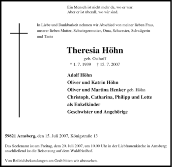 Traueranzeige von Theresia Höhn von Tageszeitung