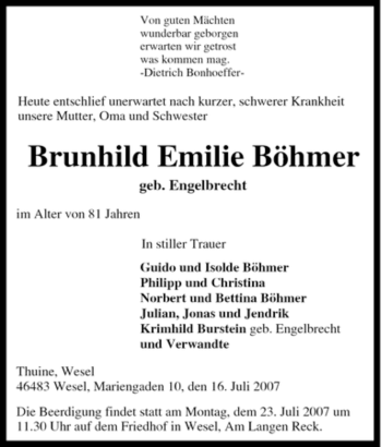 Traueranzeige von Brunhild Emilie Böhmer von Tageszeitung