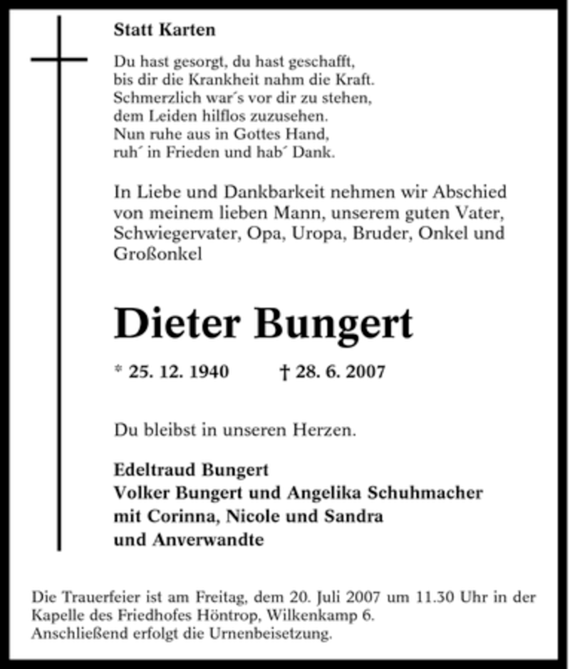  Traueranzeige für Dieter Bungert vom 18.07.2007 aus Tageszeitung