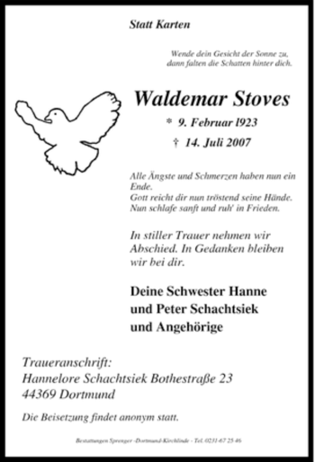 Traueranzeige von Waldemar Stoves von Tageszeitung