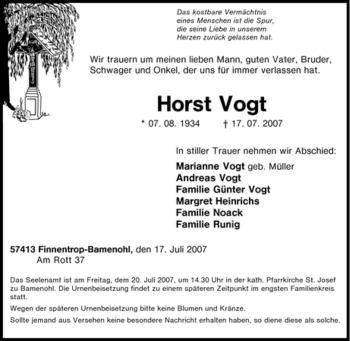 Traueranzeige von Horst Vogt von Tageszeitung