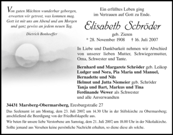 Traueranzeige von Elisabeth Schröder von Tageszeitung