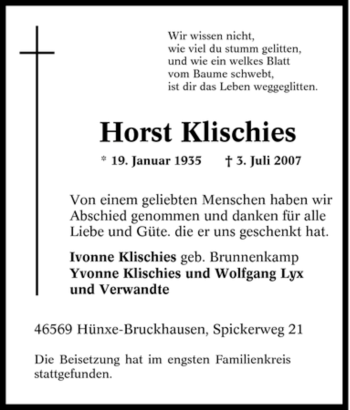Traueranzeige von Horst Klischies von Tageszeitung