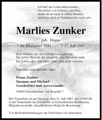 Traueranzeige von Marlies Zunker von Tageszeitung