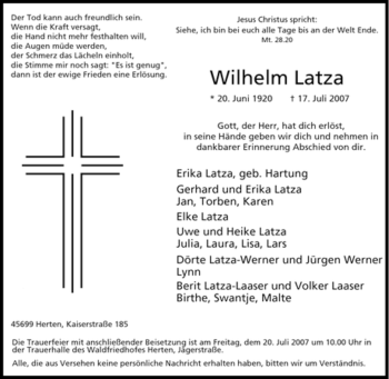 Traueranzeige von Wilhelm Latza von Tageszeitung