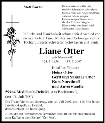 Traueranzeige von Liane Otter von Tageszeitung