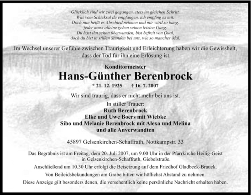  Traueranzeige für Hans-Günther Berenbrock vom 19.07.2007 aus Tageszeitung
